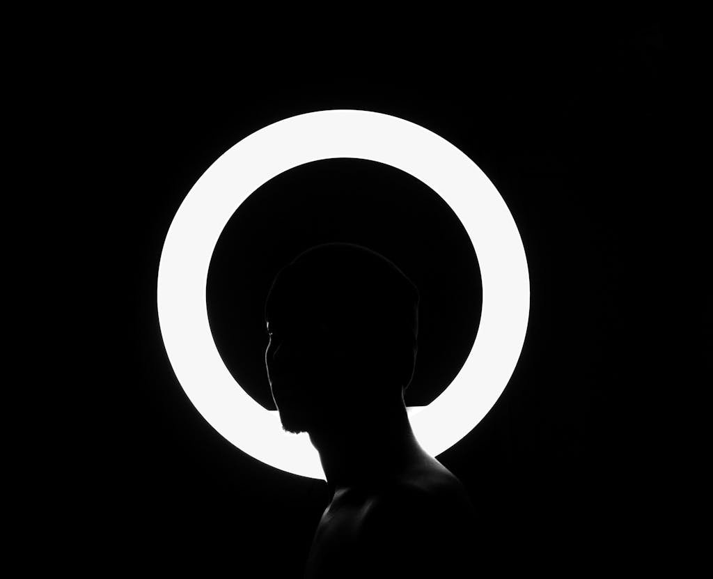Striking black and white silhouette of a man against a bright circular light background.